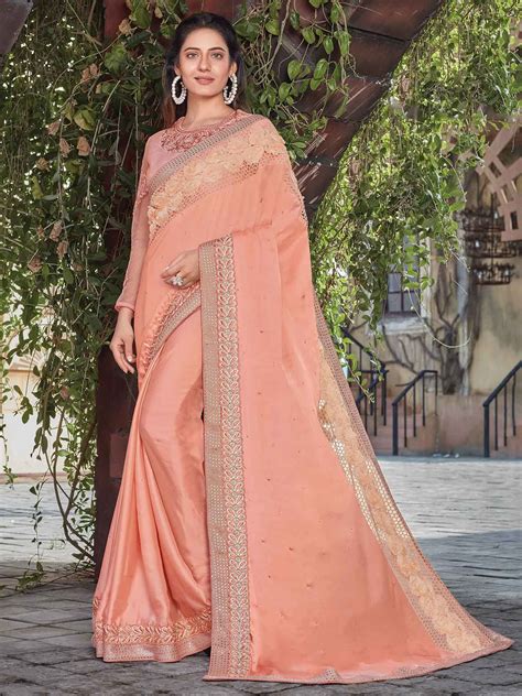 Peach Colour Georgette Silk Fabric Designer Saree