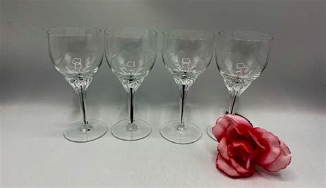 1970s Set Of 4 Crystal Wine Glasses Vintage Belfor Black Core Stem Exquisite Pattern Black