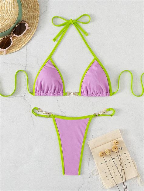 Bañador bikini micro triángulo unido en contraste de canalé Morado Violeta