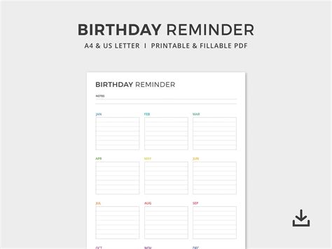 Birthday Reminder Printable Editable Pdf Birthdays A4 And Us Letter