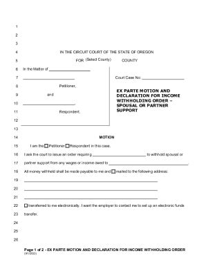 Fillable Online EX PARTE MOTION AND DECLARATION FOR INCOME WITHHOLDING