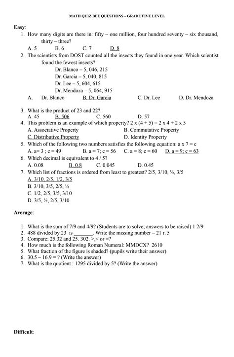 Solution Math Quiz Bee Questions Grade Studypool