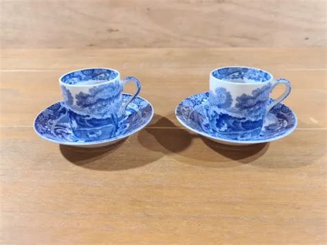 Spode Italian Demitasse Coffee Cups And Saucers Set Of Two Oval Blue