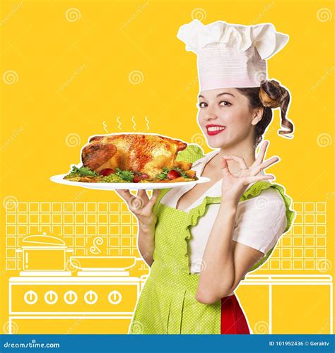 Smiling Woman Chef Holding Roasted Chicken Stock Photo Image Of Food