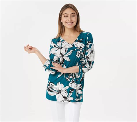 Susan Graver Printed Liquid Knit Top With Tie Sleeves