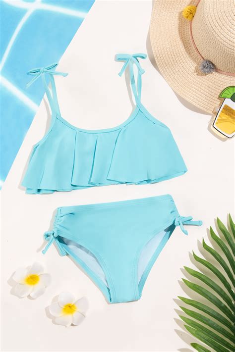 Volant Oberteil Gerüschtes Aqua Bikini Set mit Kordelzug für Mädchen