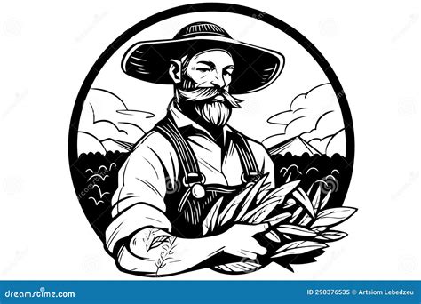 Happy Farmer In Hat With The Harvest In Hand Engraving Style Hand