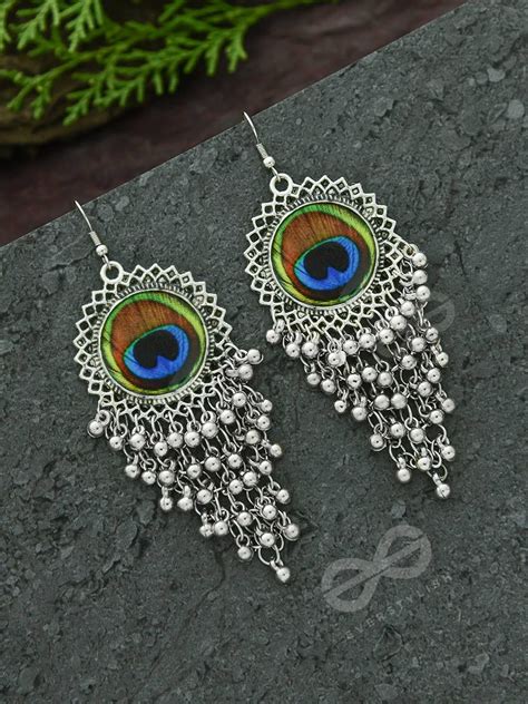 The Peacock Feather Jhallars Oxidised Boho Earrings