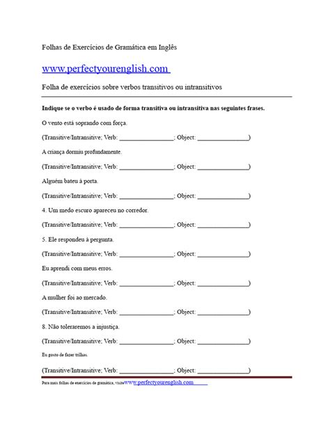Folha de Exercícios Sobre Verbos Transitivos Ou Intransitivos 2 | PDF ...