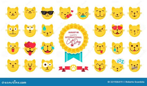 Set Of Cute Cartoon Cat Emotions Happy International Cat Day Stock