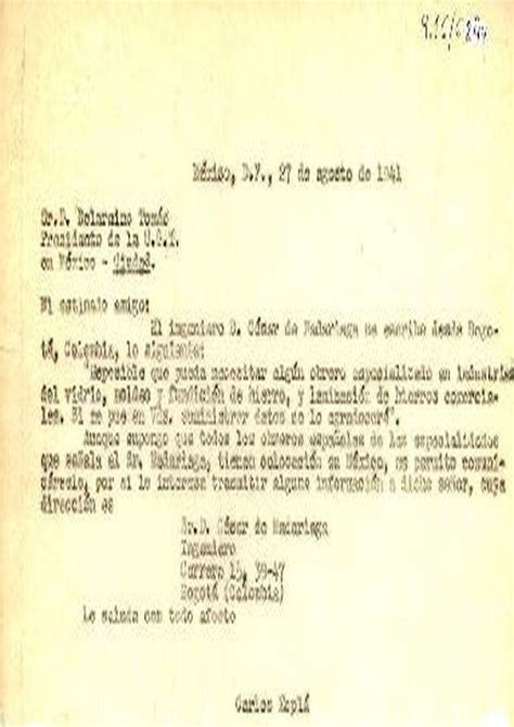 Carta De Carlos Esplá A Belarmino Tomás Presidente De La Ugt De México México D F 27