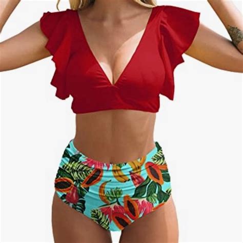 Swim Nwt Women Ruffle High Waist Swimsuit Two Pieces Push Up Tropical Print Bikini Poshmark
