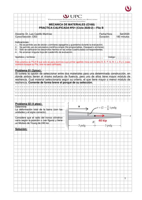 Meca202002 MO CI53 PC01 Fila B MECANICA DE MATERIALES CI168