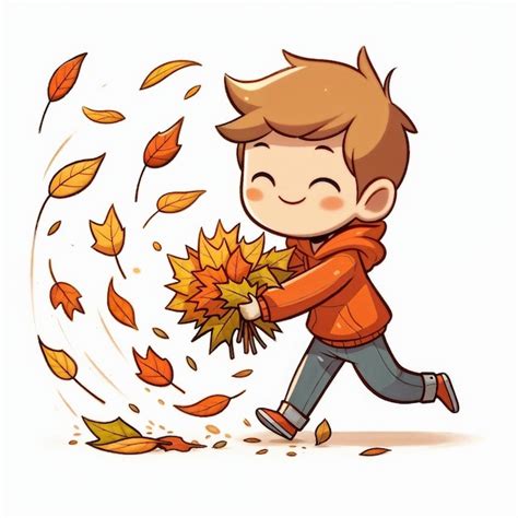 Niño de dibujos animados con hojas de otoño en fondo blanco AI Imagen