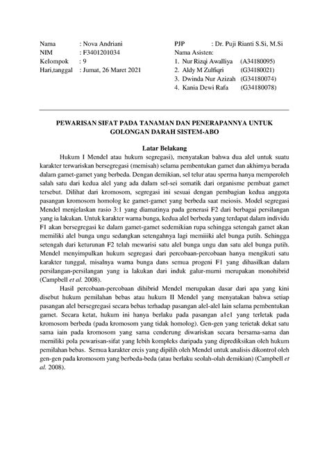 Laporan Praktikum Biologi Pewarisan Sifat Pada Tanaman Dan Penerapannya