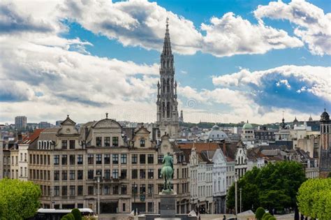 Scenic View Of Brussels Skyline With Town Hall Tower Stock Photo