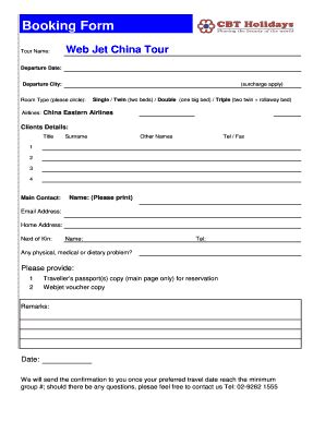 Fillable Online Booking Form Tour Name Departure Date Single Twin