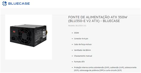 Fonte Bluecase W Atx V V Blu E V Cabo De For A Hardstore