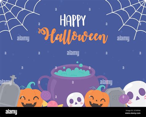 Happy Halloween Pumpkins Cauldron Skull Tombstone Cobweb Greeting Card