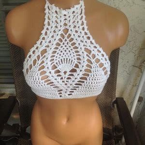 Crochet High Neck Bikini Beachwear Top Hobo Festival Pineapple