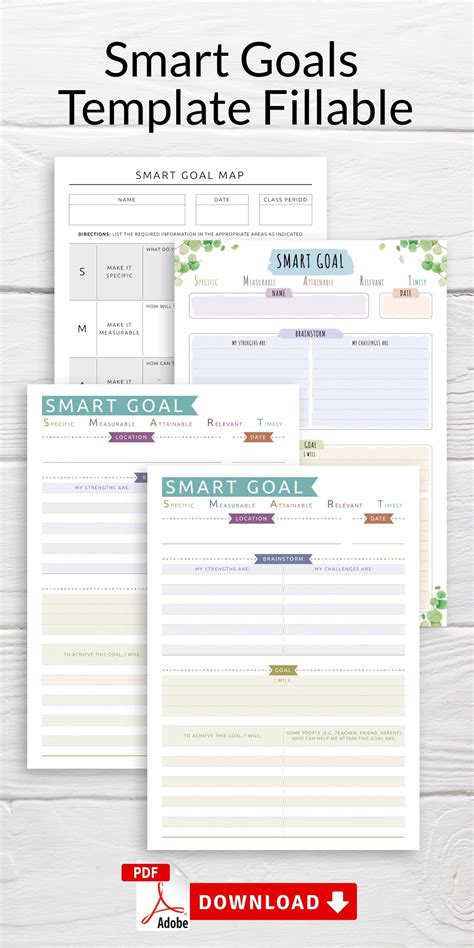 the smart goal template is shown in three different colors