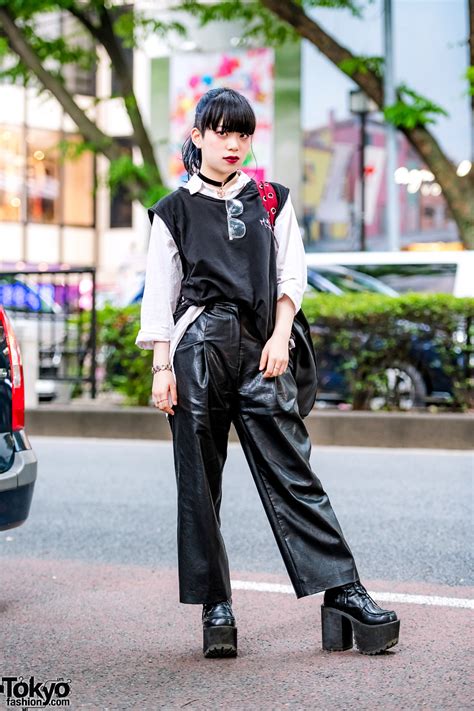 Monochrome Japanese Street Style w/ MYOB Vest, Leather Wide Leg Pants ...