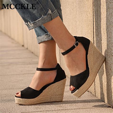 Mcckle Plus Size Bohemian Women Sandals Ankle Strap Straw Platform