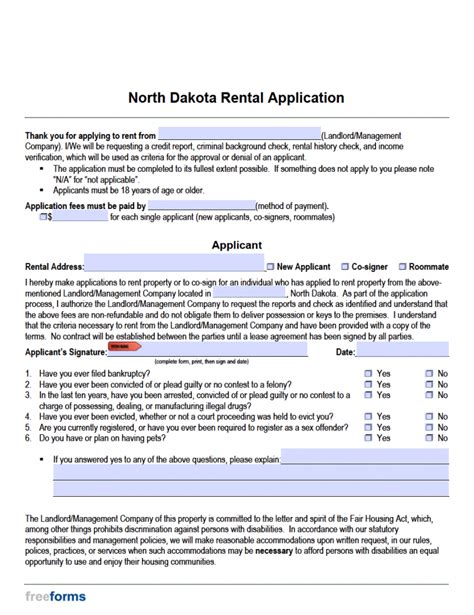 Free North Dakota Rental Application Form Pdf