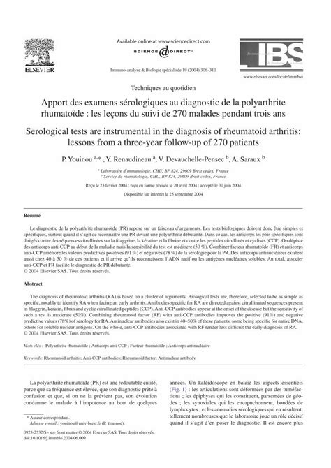 PDF Apport des examens sérologiques au diagnostic de la polyarthrite