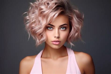 Belle Mannequin Avec Des Cheveux Courts Belle Femme Souriante Avec Une Coiffure Blonde Rose