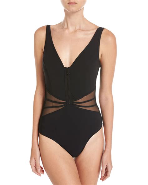 Profile By Gottex Grand Prix V Neck One Piece Swimsuit W Mesh Black