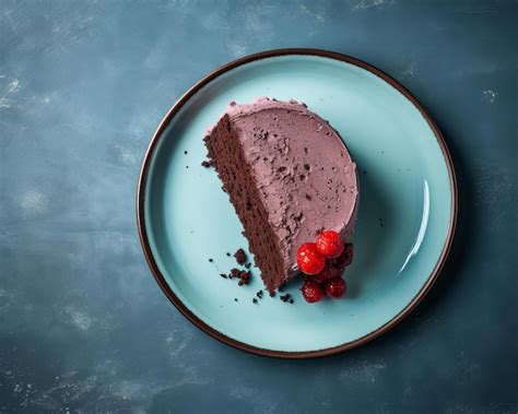 Un Trozo De Pastel De Chocolate Con Cerezas En Un Plato Azul Vector