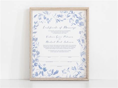 Blue Floral Marriage Certificate Template, Dusty Blue Floral ...