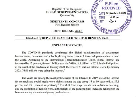 House Bill Data Rollover Authored By Cong Kiko Benitez