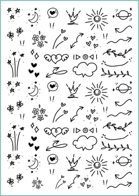 A Set Of Hand Drawn Doodles With Hearts Stars And Sun On White Paper