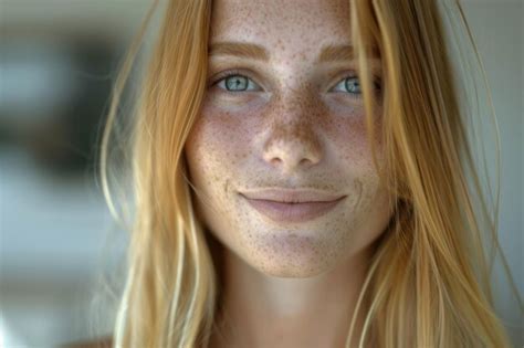 Premium Photo Freckles Blonde Blueeyed Woman Perfect Skin Smiling