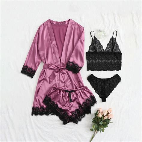 Munlar Womens Lingerie Sleepwear Floral Lace Nightgown With Belt Sexy