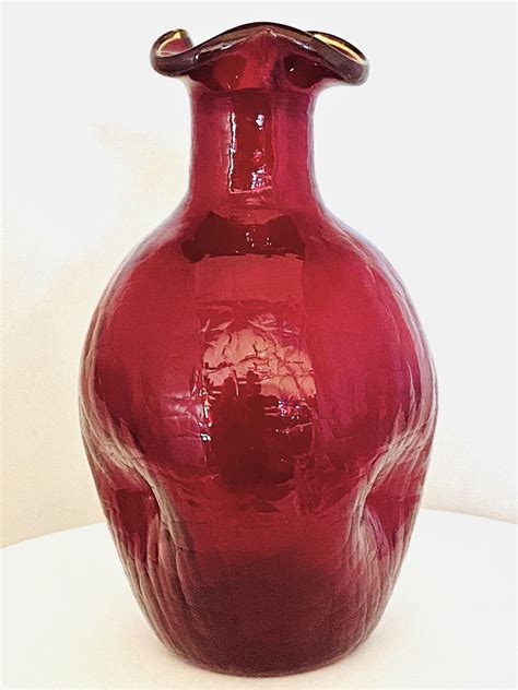 Collectible Vintage Ruby Red Hand Blown Art Glass Dimple Ruffle Vase Rough Pontil Estate Item Etsy