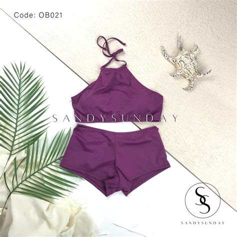 Jual CORA Bikini Boxer High Neck Croptop Bikini Set Boxer Bikini Pantai Wanita Motif Polos