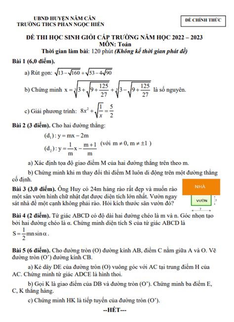 Đề thi HSG Toán 9 năm 2022 2023 trường THCS Phan Ngọc Hiển Cà Mau