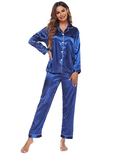 Womens Classic Satin Pajama Set Sleepwear Loungewear Long Sleeve