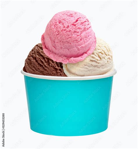 Strawberry Vanilla Chocolate Ice Cream Scoops In Blue Blank Paper Or