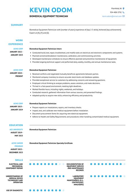 Biomedical Equipment Technician Resume Examples and Templates