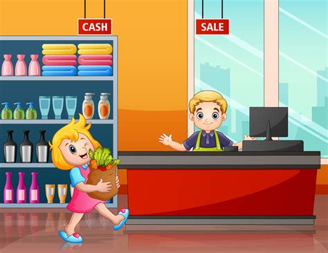 Cute Girl Buying Fresh Groceries In Supermarket Vector Art At