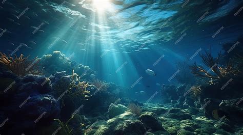 Premium Ai Image Underwater Sea Deep Abyss With Blue Sun Light