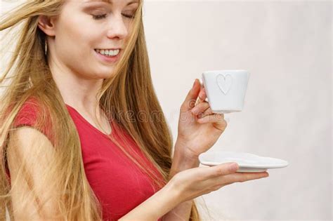 Blonde Girl Blowing Hair Holds Coffee Cup Stock Photo Image Of Vitality Drink 317179814