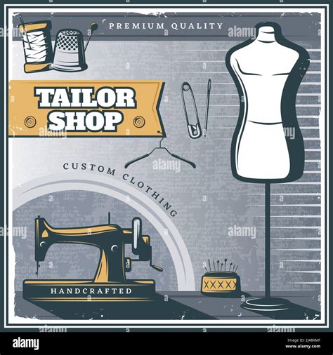 Vintage Tailor Shop Poster With Sewing Machine Mannequin Equipment