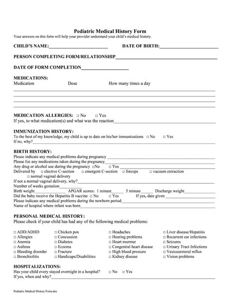 Pediatric Medical History Form Printable Fill Online Printable