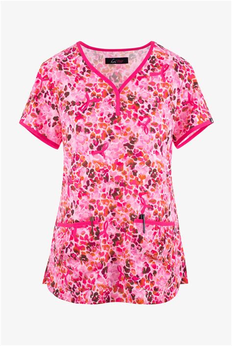 Koi Lite Floral Safari Awareness Womens 2 Pocket Stretch Y Neck Print