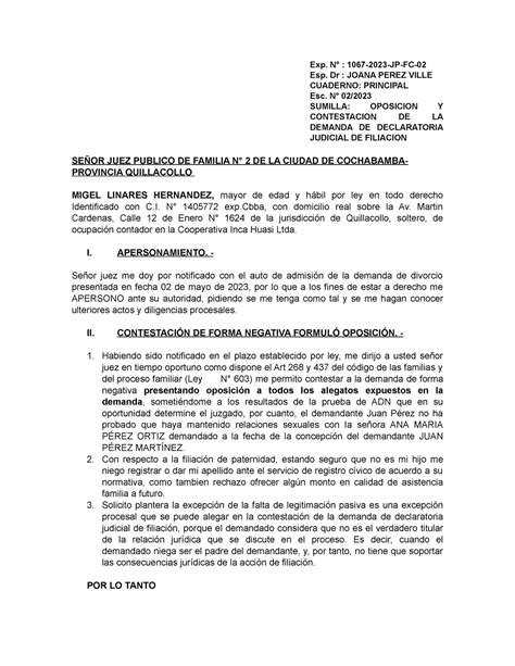 Contestacion Modelo De Contestaci N A La Demanda De Filiaci N Por